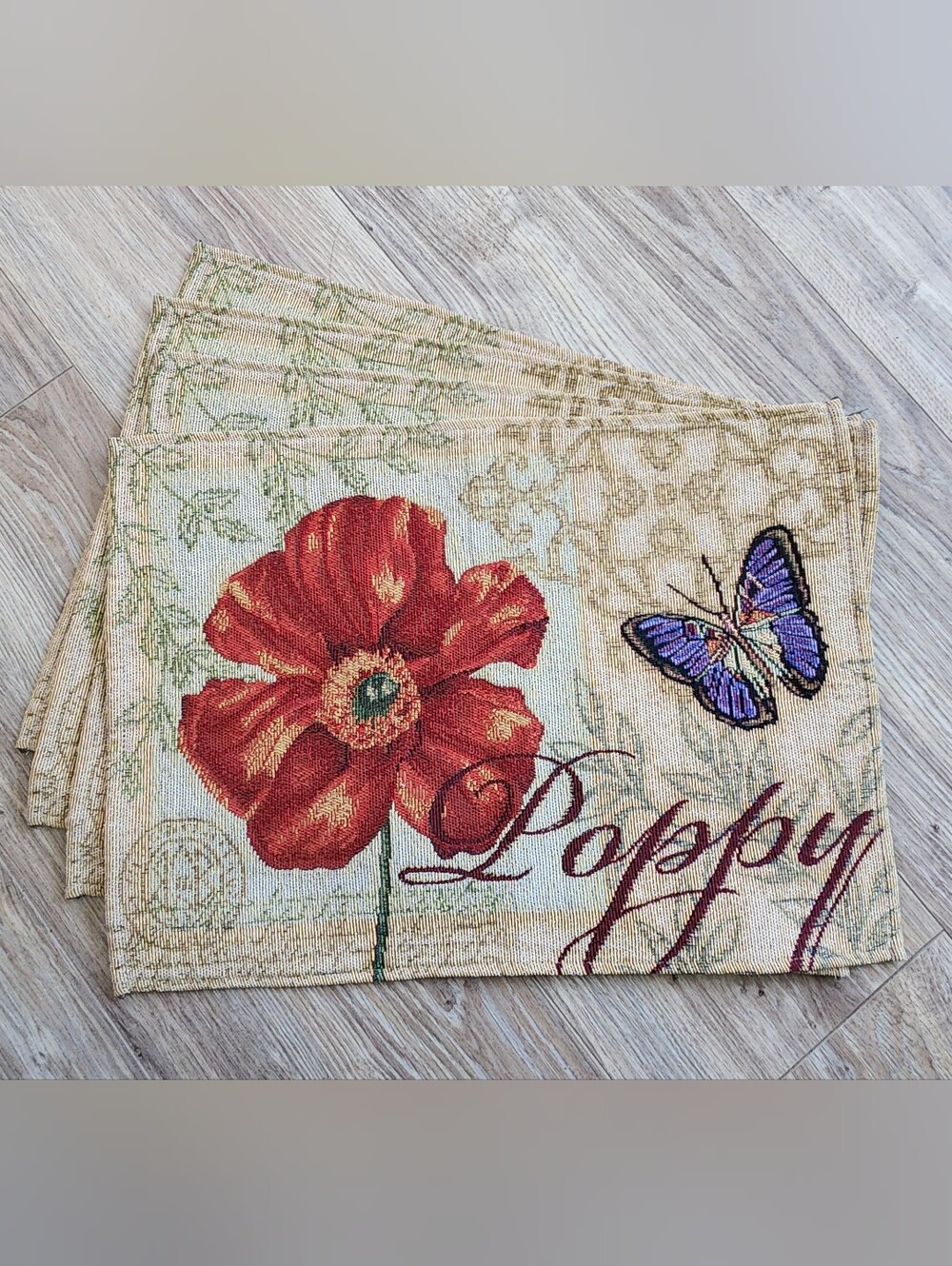 SET OF 4 TAPESTRY POPPY BUTTERFLY PLACEMATS